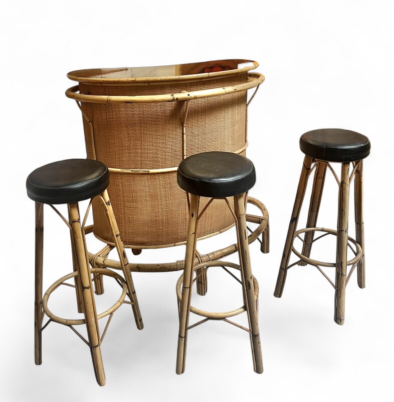 F 999 CY rattan and bamboo bar with 3 stools 