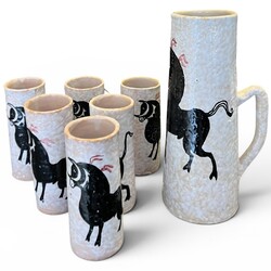 M 564 APO potery set, 6 mugs + 1 pitcher, Spain, 1960’s