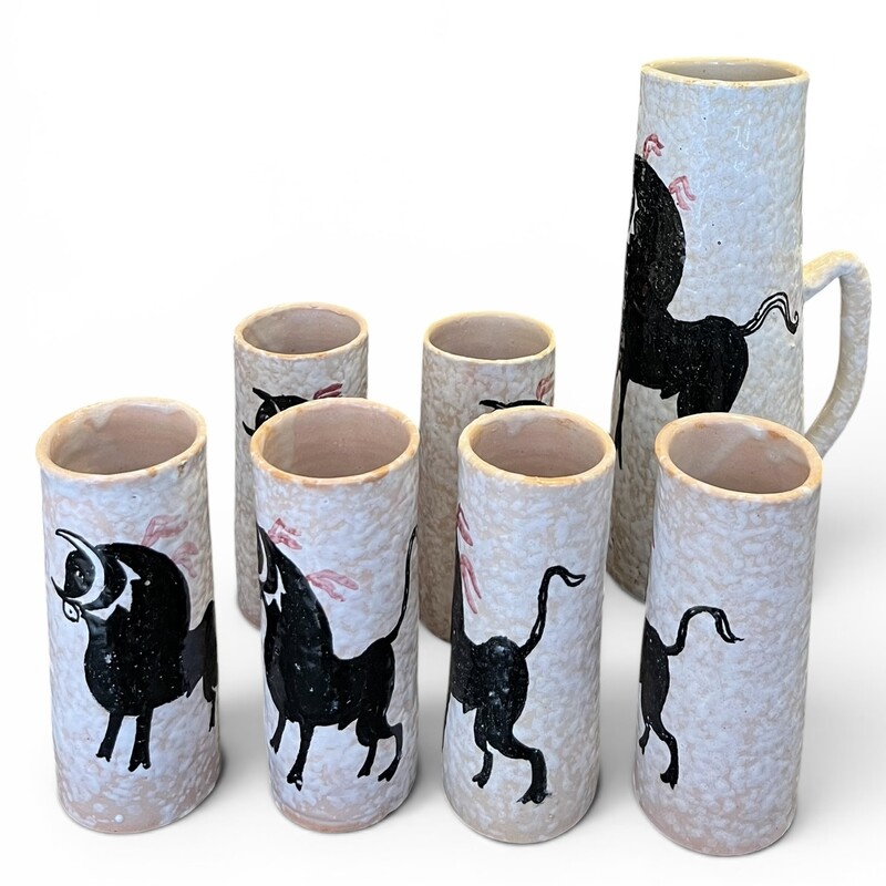 M 564 APO potery set, 6 mugs + 1 pitcher, Spain, 1960’s