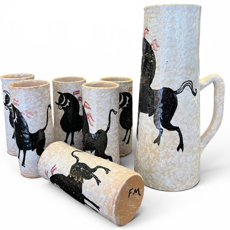 M 564 APO potery set, 6 mugs + 1 pitcher, Spain, 1960’s