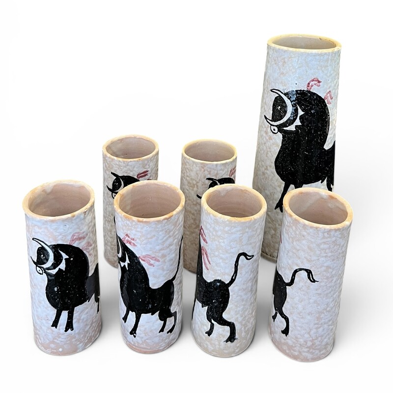 M 564 APO potery set, 6 mugs + 1 pitcher, Spain, 1960’s