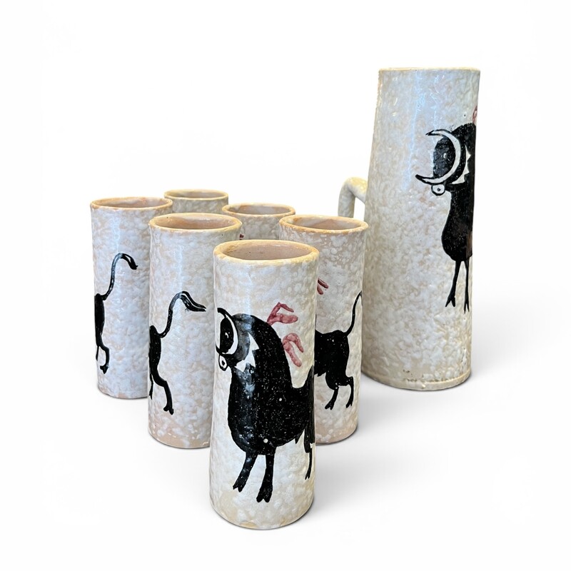 M 564 APO potery set, 6 mugs + 1 pitcher, Spain, 1960’s