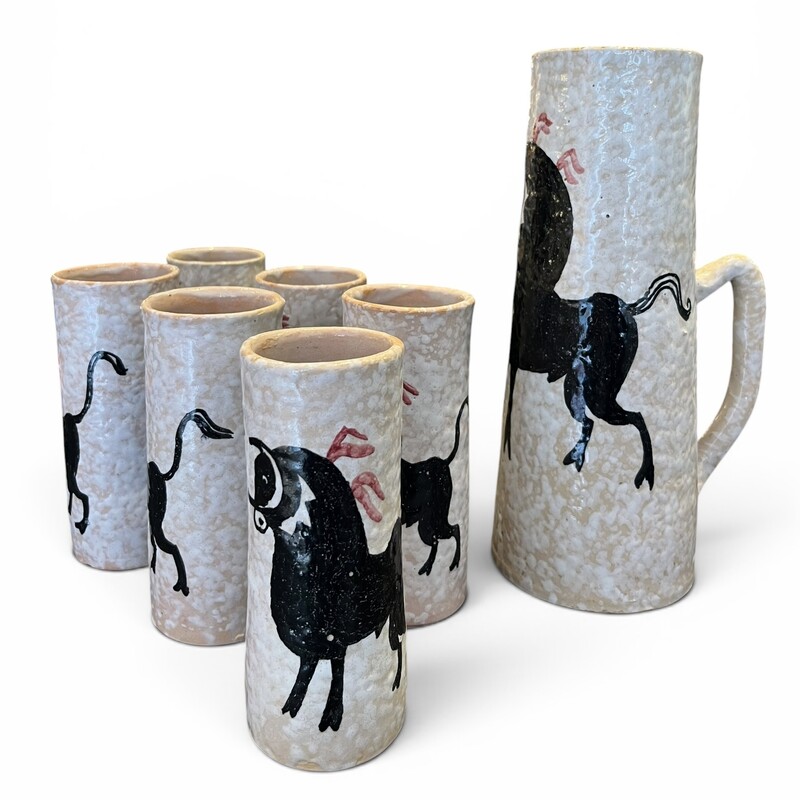 M 564 APO potery set, 6 mugs + 1 pitcher, Spain, 1960’s