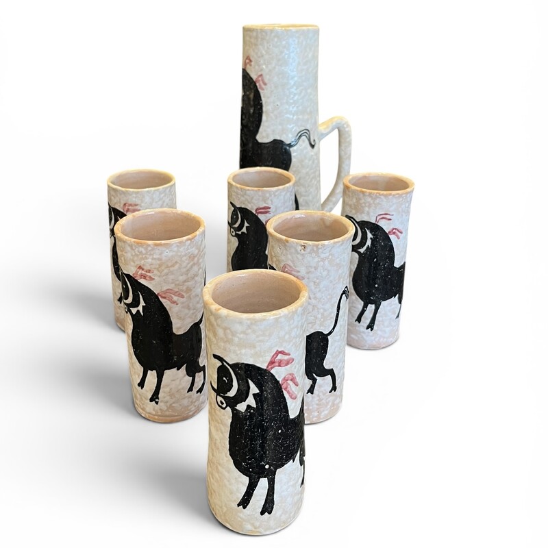 M 564 APO potery set, 6 mugs + 1 pitcher, Spain, 1960’s