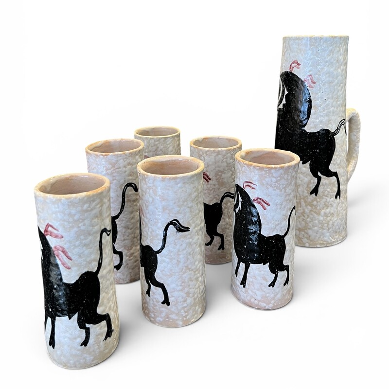 M 564 APO potery set, 6 mugs + 1 pitcher, Spain, 1960’s