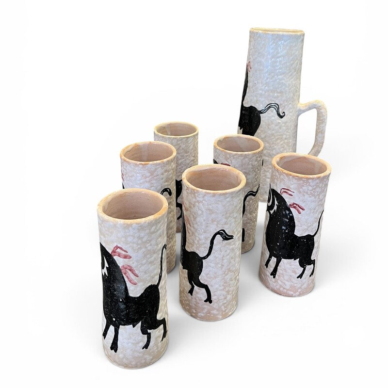 M 564 APO potery set, 6 mugs + 1 pitcher, Spain, 1960’s