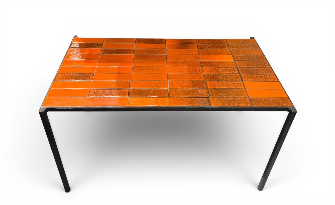 F 019 PL orange ceramic tiles coffee table by Mado Jolain & Robert Legrand, circa 1960