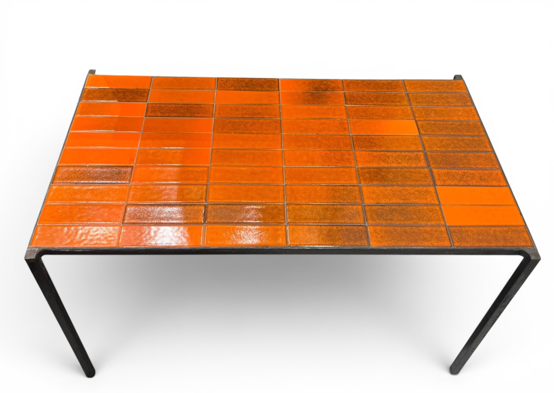 F 019 PL orange ceramic tiles coffee table by Mado Jolain & Robert Legrand, circa 1960