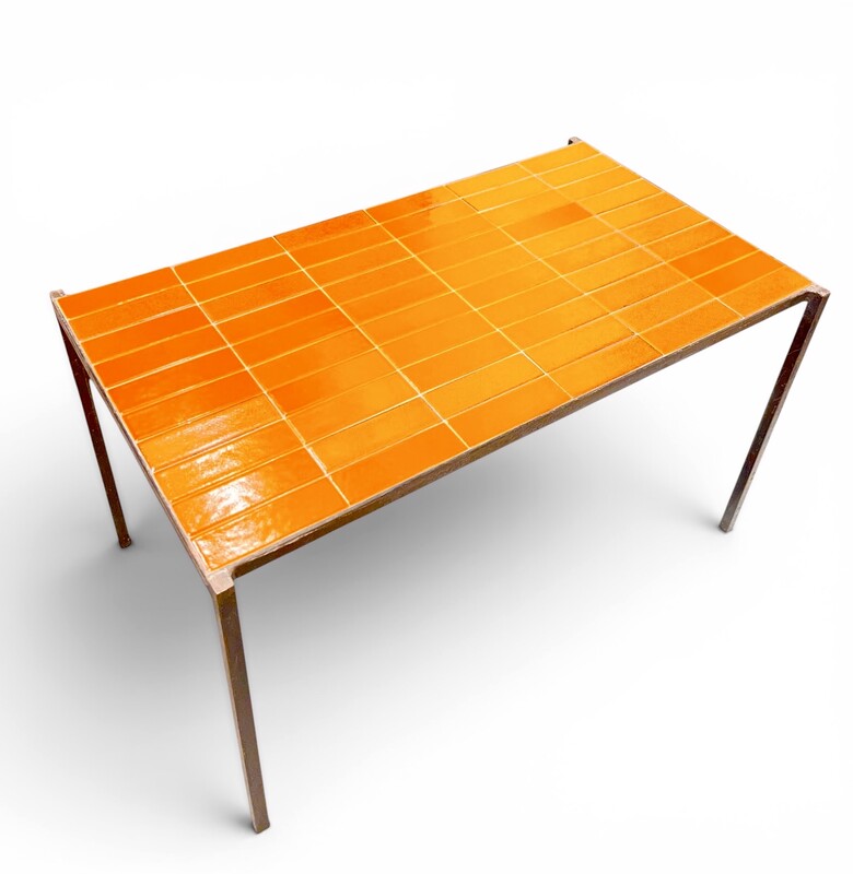 F 019 PL orange ceramic tiles coffee table by Mado Jolain & Robert Legrand, circa 1960
