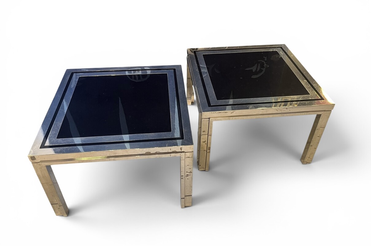 F 020 YD pair of chrome and black opaline side tables by Liwan's Roma, 1970’s