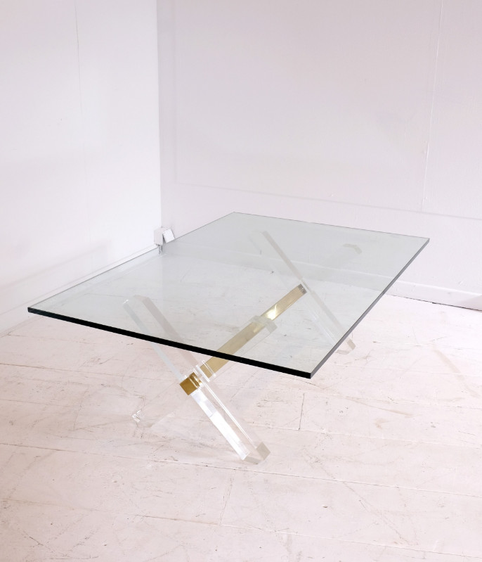 F 037 JC Coffee table brass, lucite and glass in the manner of Jansen, France 1980