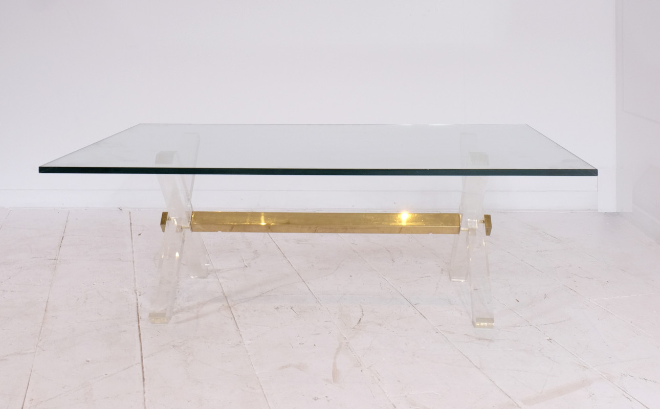 F 037 JC Coffee table brass, lucite and glass in the manner of Jansen, France 1980