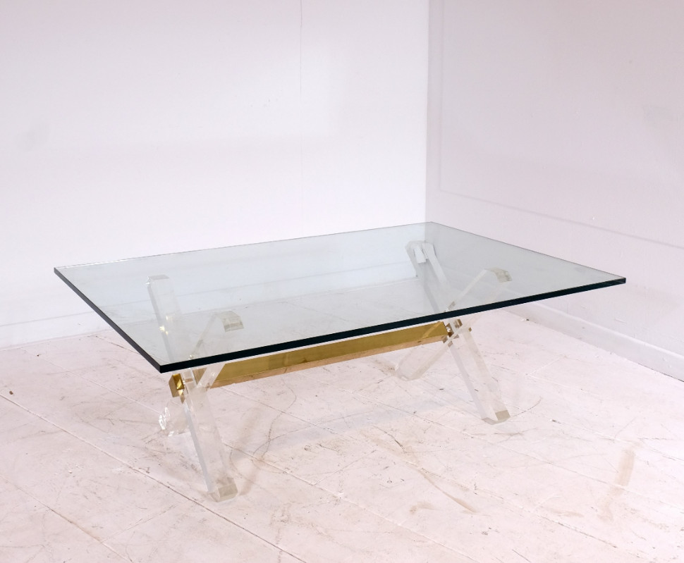 F 037 JC Coffee table brass, lucite and glass in the manner of Jansen, France 1980
