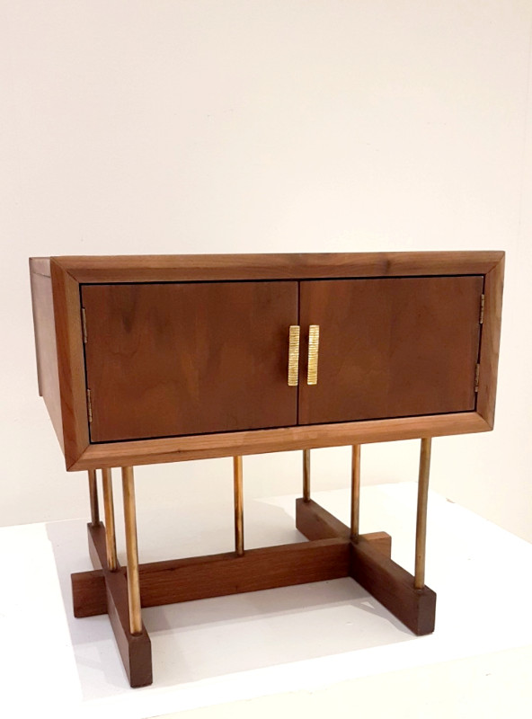 F 114 Apo Sofa end table by Russel Woodard. Wallnut andbrass. Usa 1950