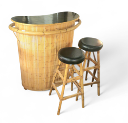 F 394 JC Bamboo bar Tiki style and 2 stools,  1950s 