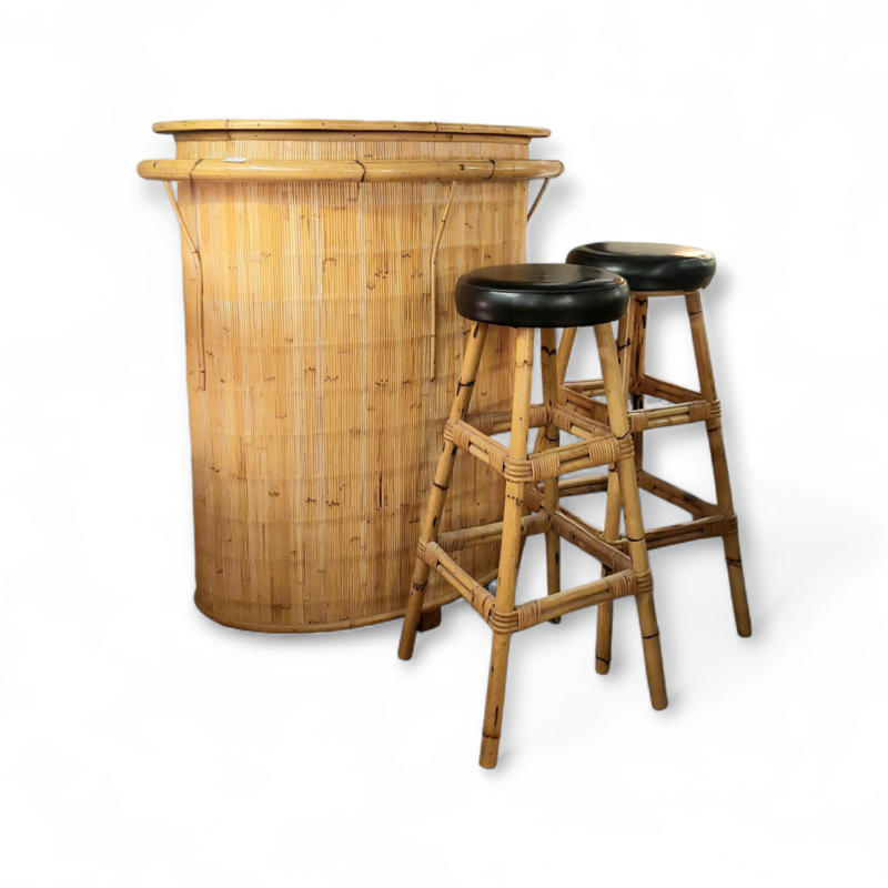 F 394 JC Bamboo bar Tiki style and 2 stools,  1950s 
