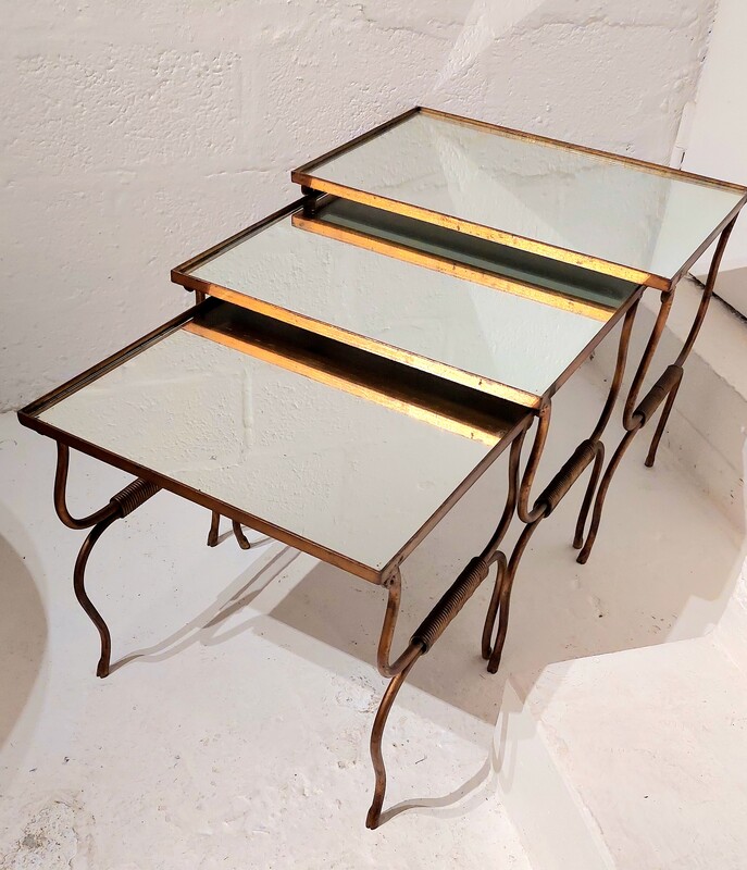 F 409 JC Set gilt wrought iron and mirror nesting table, France 1940s