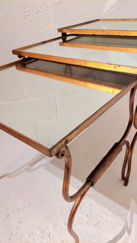 F 409 JC Set gilt wrought iron and mirror nesting table, France 1940s