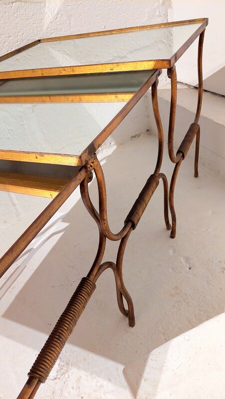 F 409 JC Set gilt wrought iron and mirror nesting table, France 1940s