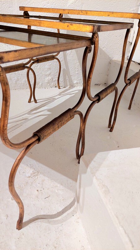 F 409 JC Set gilt wrought iron and mirror nesting table, France 1940s