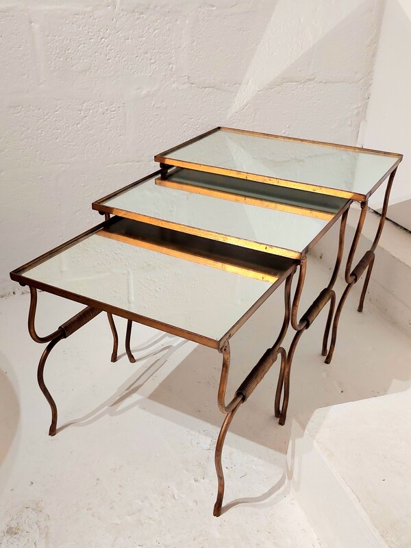 F 409 JC Set gilt wrought iron and mirror nesting table, France 1940s