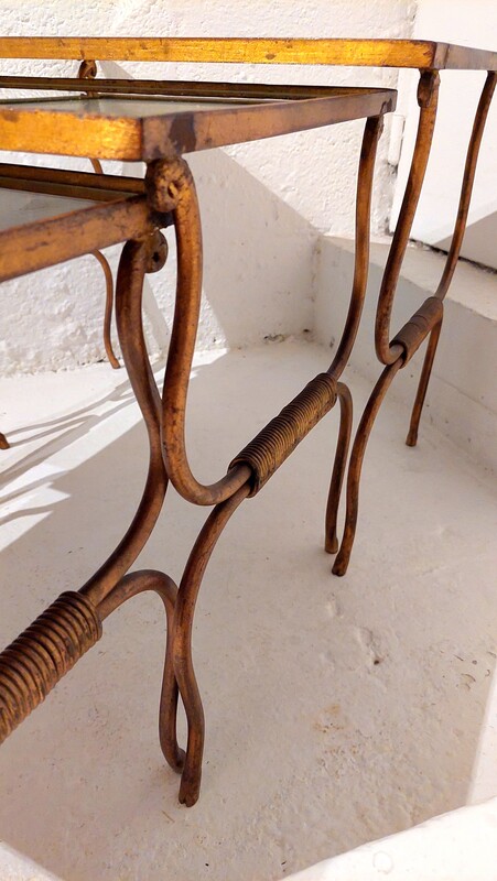 F 409 JC Set gilt wrought iron and mirror nesting table, France 1940s