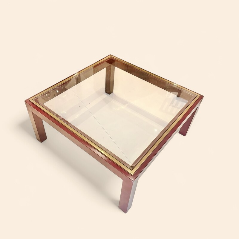 F 413 APO dark red steel, brass and glass coffee table att to Maison Jansen 