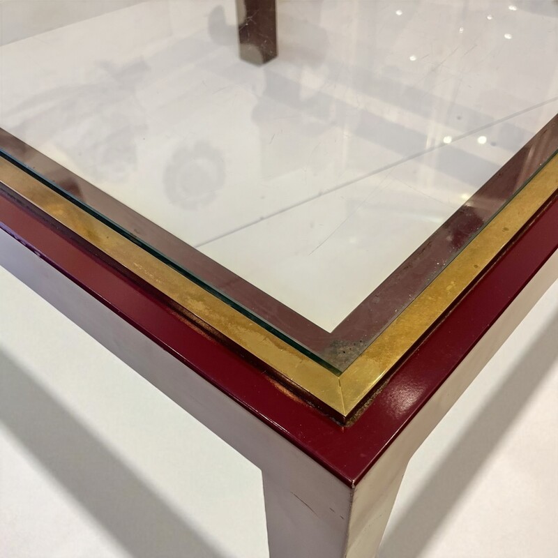 F 413 APO dark red steel, brass and glass coffee table att to Maison Jansen 