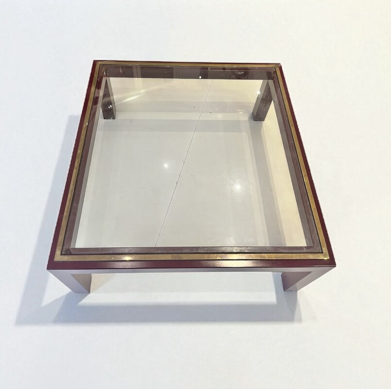 F 413 APO dark red steel, brass and glass coffee table att to Maison Jansen 