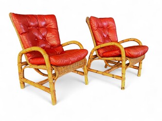 F 419 AS Pair of bamboo armchairs and leather cushions, 1970