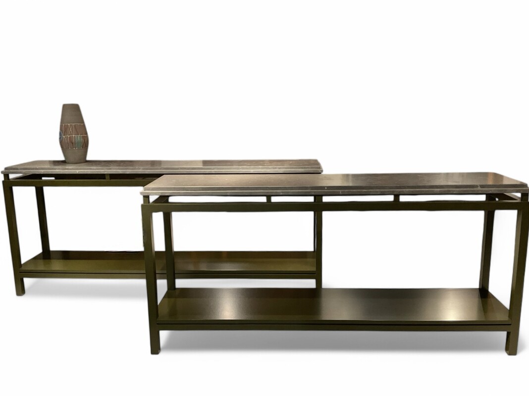F 429 AS Pair of double-sided consoles, polish blue stone of Hainaut, woood lacquer, Belgium ca 1980