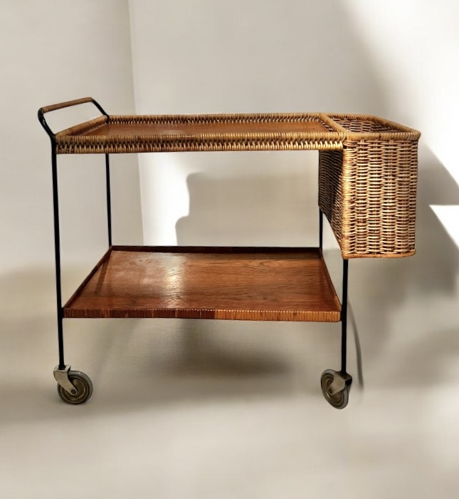 F 438 OB midcentury rattan and wood trolley by H. Magg, 1950’s