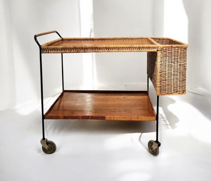 F 438 OB midcentury rattan and wood trolley by H. Magg, 1950’s