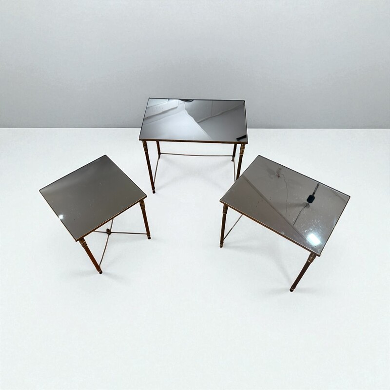 F 454 AG Set of 3 Side Table gigogne brass and  mirror 1970’s