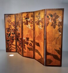 F 456 AS 5-leaf double-sided screen, engraved wood and stamped metal, Belgium 1920