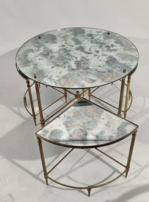 F 459 YO Neoclassical brass and mirrors coffee table with nesting tables, France 1950s