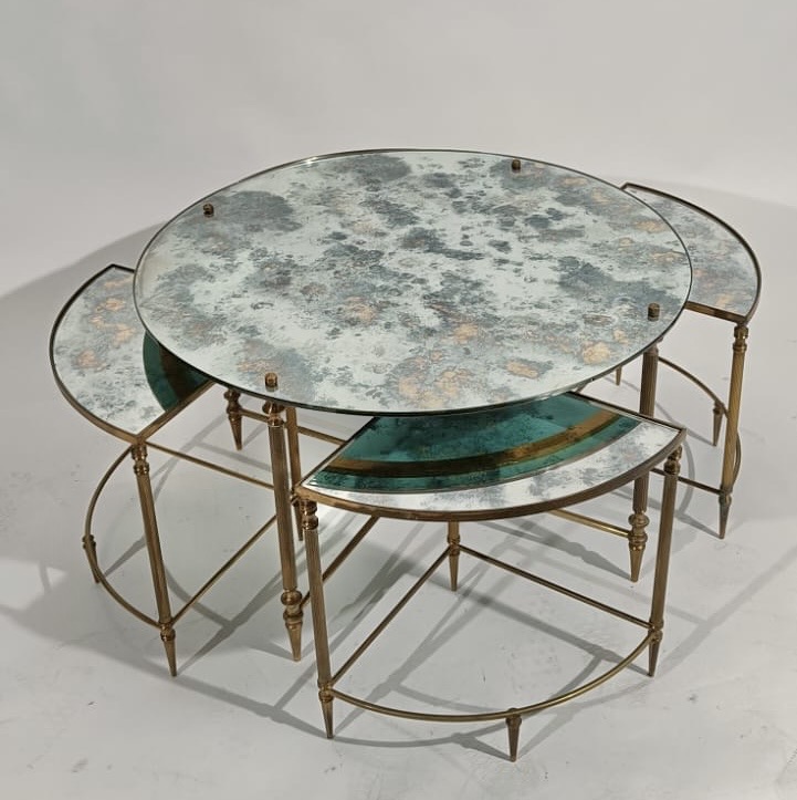 F 459 YO Neoclassical brass and mirrors coffee table with nesting tables, France 1950s