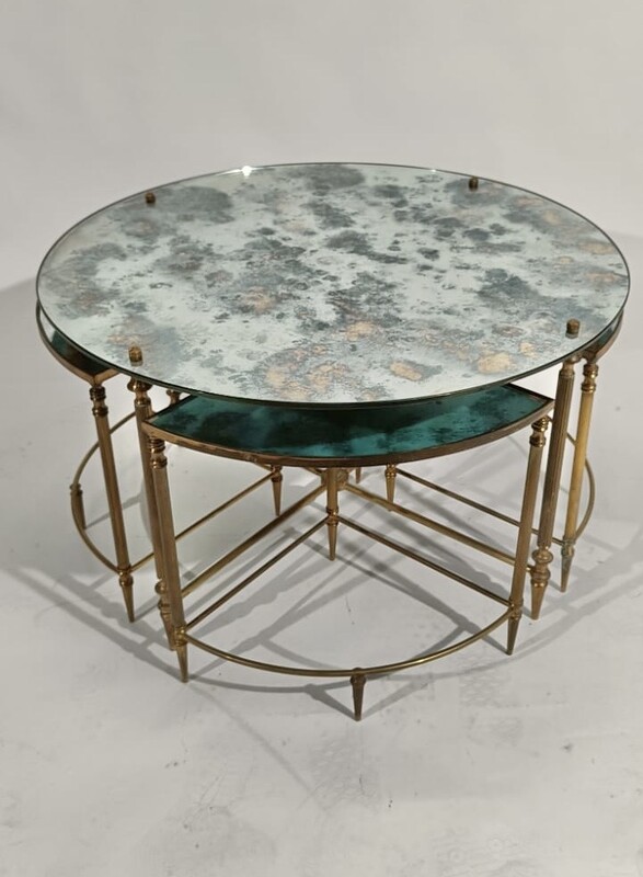 F 459 YO Neoclassical brass and mirrors coffee table with nesting tables, France 1950s