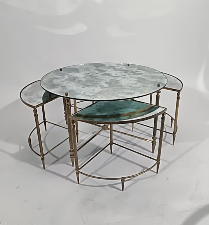 F 459 YO Neoclassical brass and mirrors coffee table with nesting tables, France 1950s