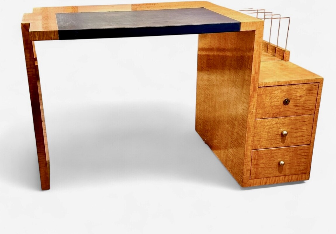 F 460 AS French modernist desk in golden elm, leather and glass with a leather armchair