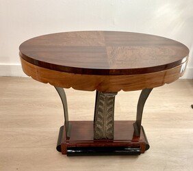 F 463 AS Art Deco living room table,Belgium ca 1920, buffer polished, burr and burl mahogany, black lacquered oak and silvered bronze