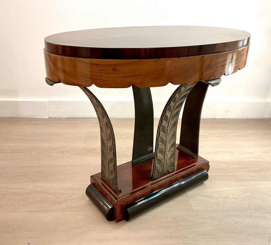 F 463 AS Art Deco living room table,Belgium ca 1920, buffer polished, burr and burl mahogany, black lacquered oak and silvered bronze