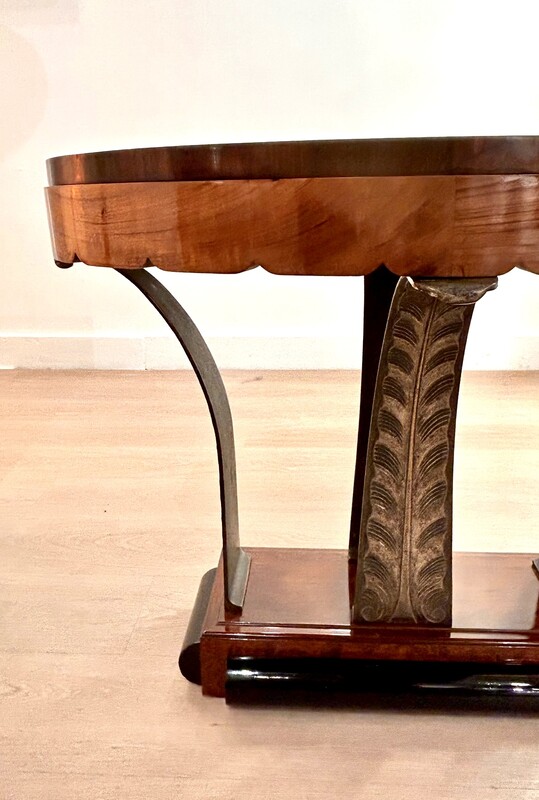 F 463 AS Art Deco living room table,Belgium ca 1920, buffer polished, burr and burl mahogany, black lacquered oak and silvered bronze