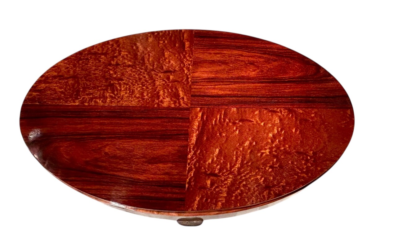 F 463 AS Art Deco living room table,Belgium ca 1920, buffer polished, burr and burl mahogany, black lacquered oak and silvered bronze