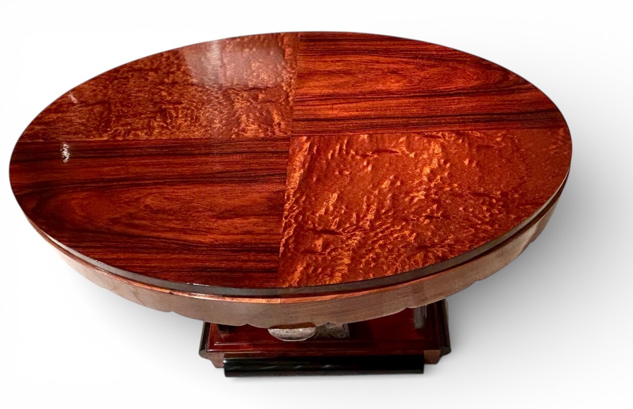 F 463 AS Art Deco living room table,Belgium ca 1920, buffer polished, burr and burl mahogany, black lacquered oak and silvered bronze