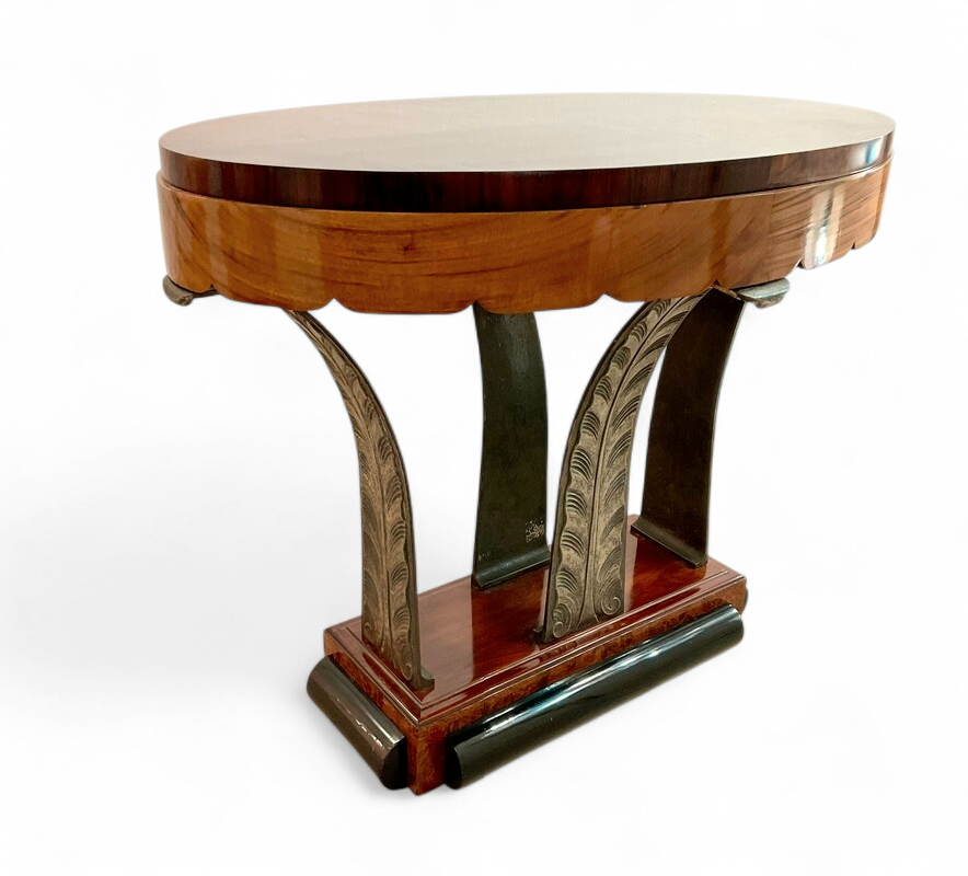 F 463 AS Art Deco living room table,Belgium ca 1920, buffer polished, burr and burl mahogany, black lacquered oak and silvered bronze