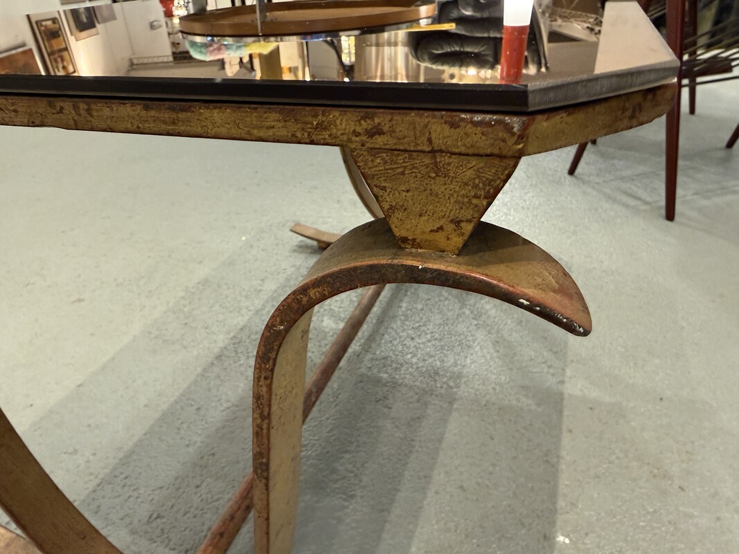 F 465 AG Wrought iron art deco coffee table att. Raymond Subes pink mirror 