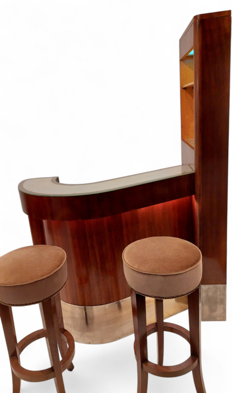 F 469 Apo Lightend Art deco wallnut yacht bar with 2 stools