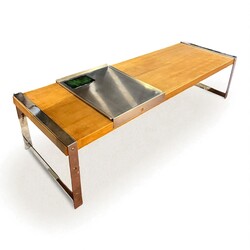 F 476 TH vintage oak coffee table with enameled inox plate, 1970’s