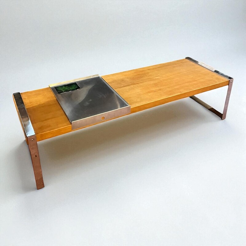 F 476 TH vintage oak coffee table with enameled inox plate, 1970’s